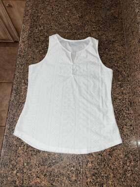 White Eyelet Sleeveless Split Neck Tank Top